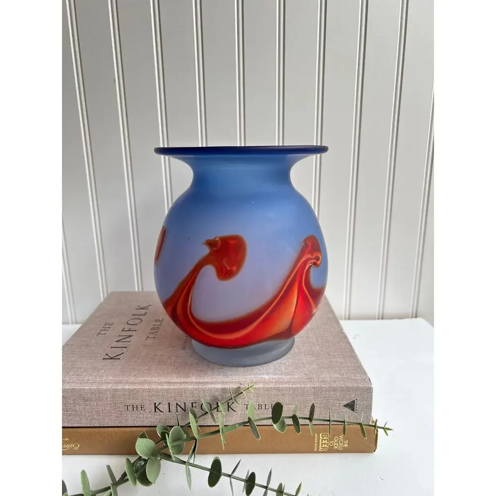 Handblown Cased Satin Glass Vase | Groovy Red Wave Design | Blue Hue